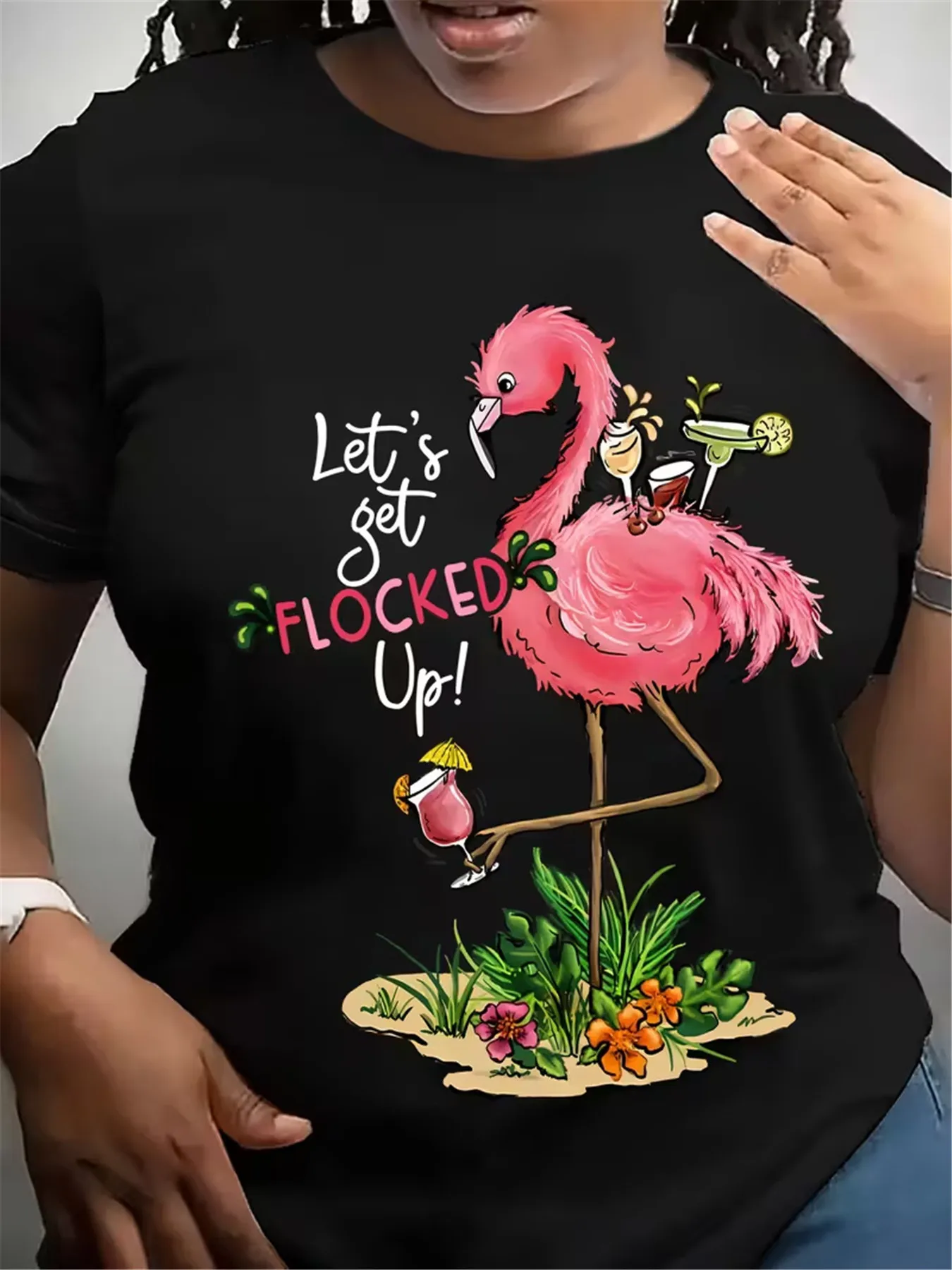 Women Let's Get Flocked Up Flamingo Cocktail Print T Shirt Tropical Beach Vacation Funny Slogan Crew Neck Short Sleeve Summer Casual Graphic Tee