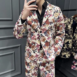 High End Elegant Floral Men's 2 Pieces Suits Sets ( Blazer + Pants ) Flower Printed Groom Wedding Costume Trajes Para Hombre 5XL