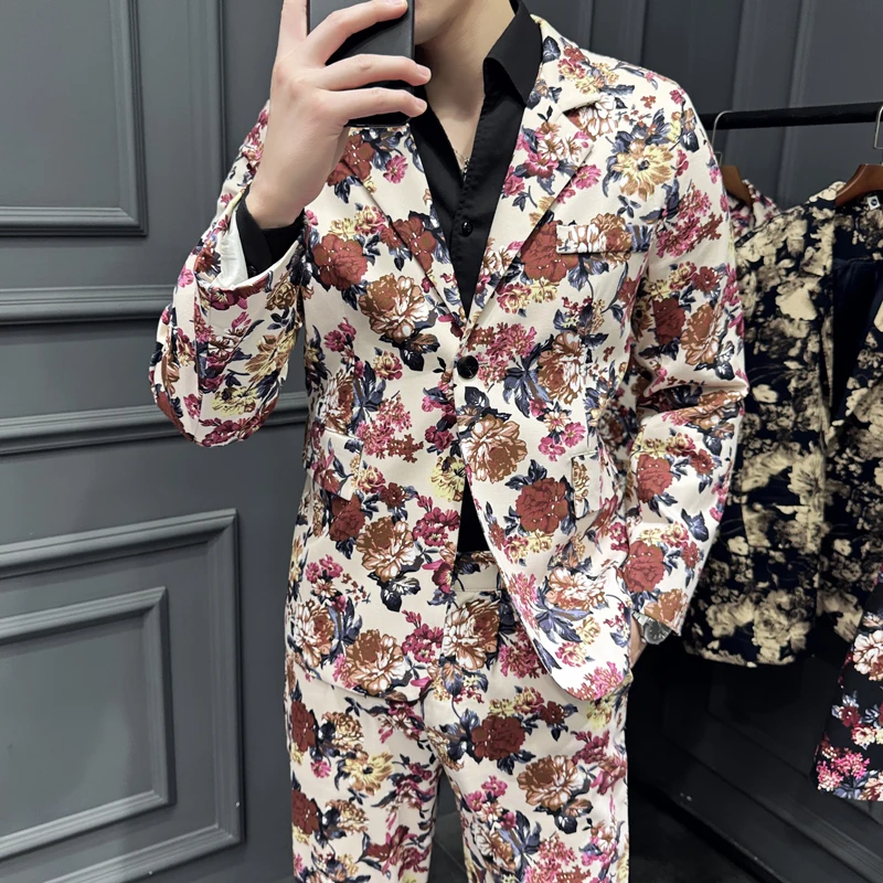 High End Elegant Floral Men's 2 Pieces Suits Sets （ Blazer + Pants ） Flower Printed Groom Wedding Costume Trajes Para Hombre 5XL