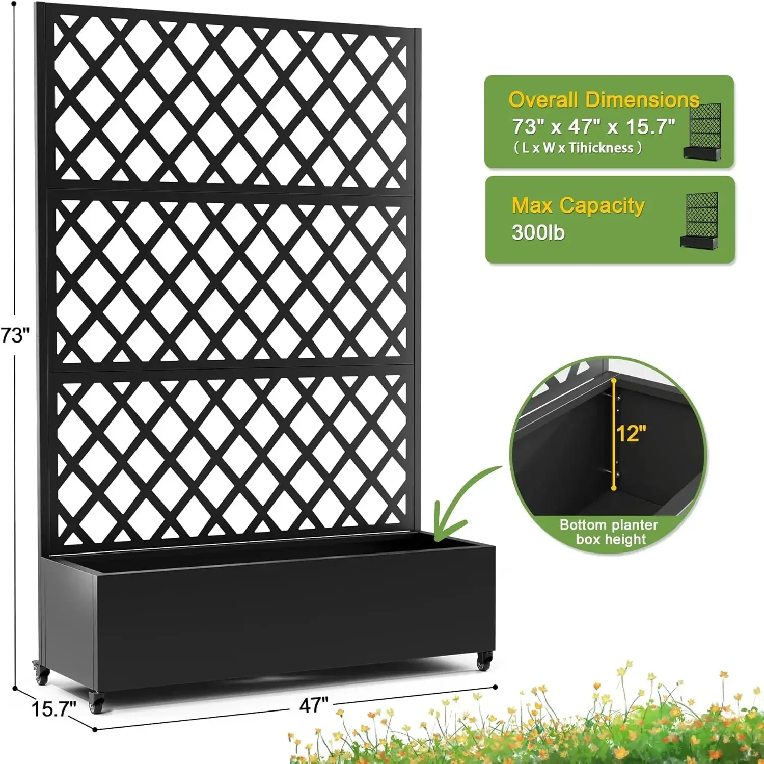 Metal Planter Box with Diamond Lattice Trellis Planter Box for Climbing Plants/Vines, Garden Bed with Trellis(73"x47" Black)