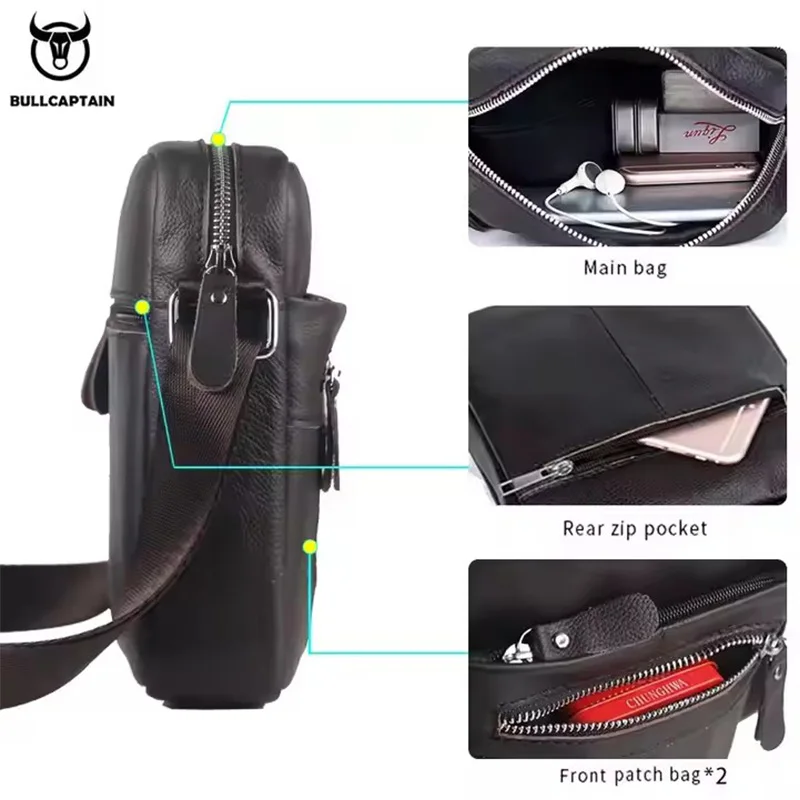 BULLCAPTAIN حقيبة ساعي جلدية للرجال حقائب كتف ريترو حقائب كروس صغيرة محافظ حزمة حبال عادية لحقيبة يد السفر #5
