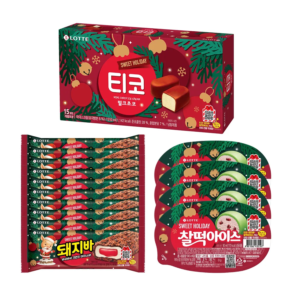 Lotte Wellfood Christmas Edición Especial Ticco Chocolate con Leche 510ml X 1 + Chapteok Ice 90ml X 4 + Barra de Cerdo 70ml X 10
