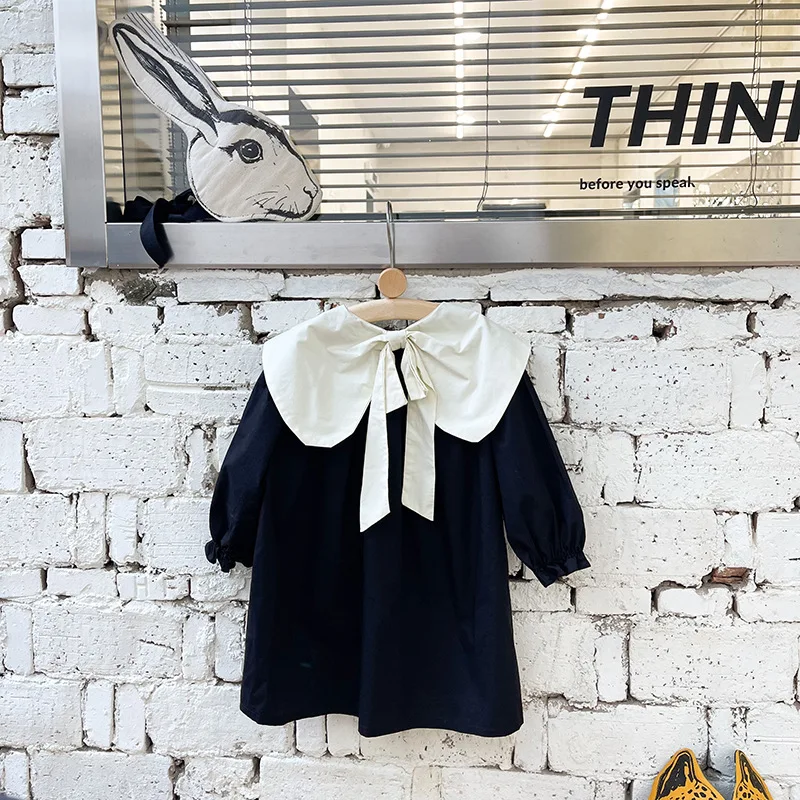 Girl Cotton Dress 2023 New Long Sleeved Toddler Baby Sigle Breasted Bow Black and White Dresses for Young Children Kids Clothes