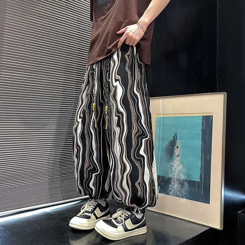 

Summer 2025 Loose Men's Casual Pants Ice Silk Wide Leg Stripe Print Chinese Style Lantern Trousers Trendy Harem Pants Men