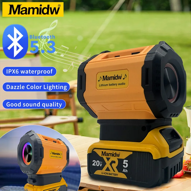 

Mamidw Portable Speaker Wireless Bluetooth Subwoofer Outdoor Waterproof Loudspeaker Stereo Surround ﻿For Dewalt 20V Battery PIN
