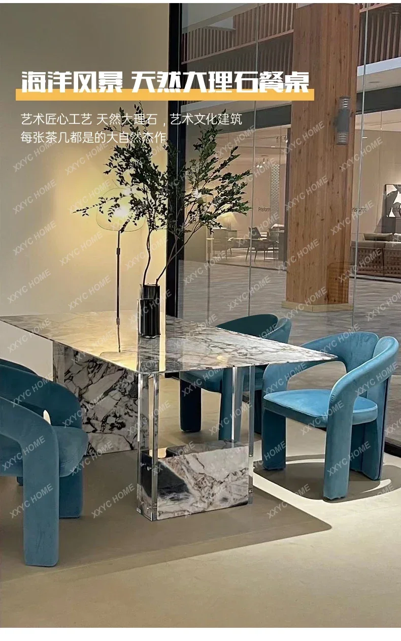XX Cream Style Rectangular  Minimalist Luxury Stone Dining Table Ocean Storm Suspension Natural Marble Acrylic Dining Table