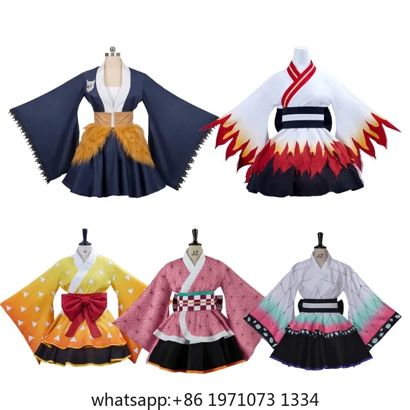 Anime Kimono Maid Dresses Kamado Nezuko Cosplay Costume Hashibira Inosuke Costume Japanese Kimonos Halloween Women Lolita Dress