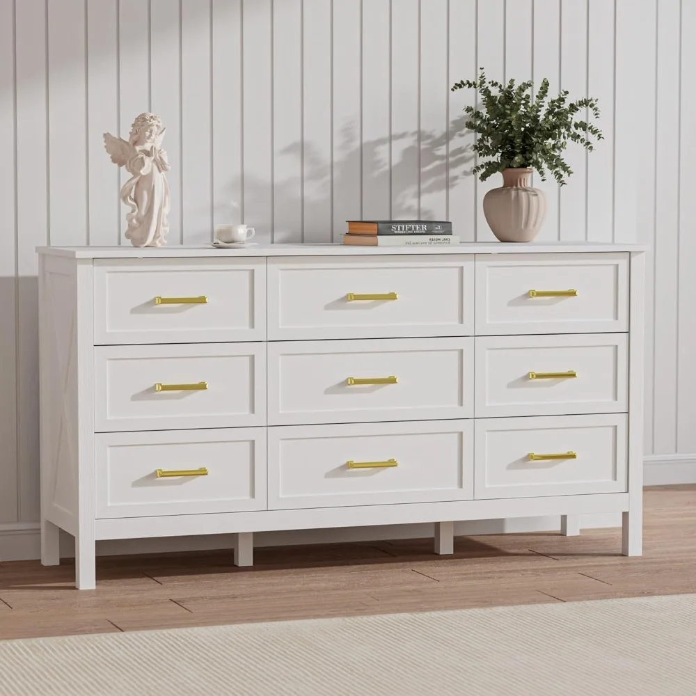 

Farmhouse 9 Drawers Dresser for Bedroom, 55" Wide Wood Rustic Chest of Drawers with Natural Texture, Metal Handle