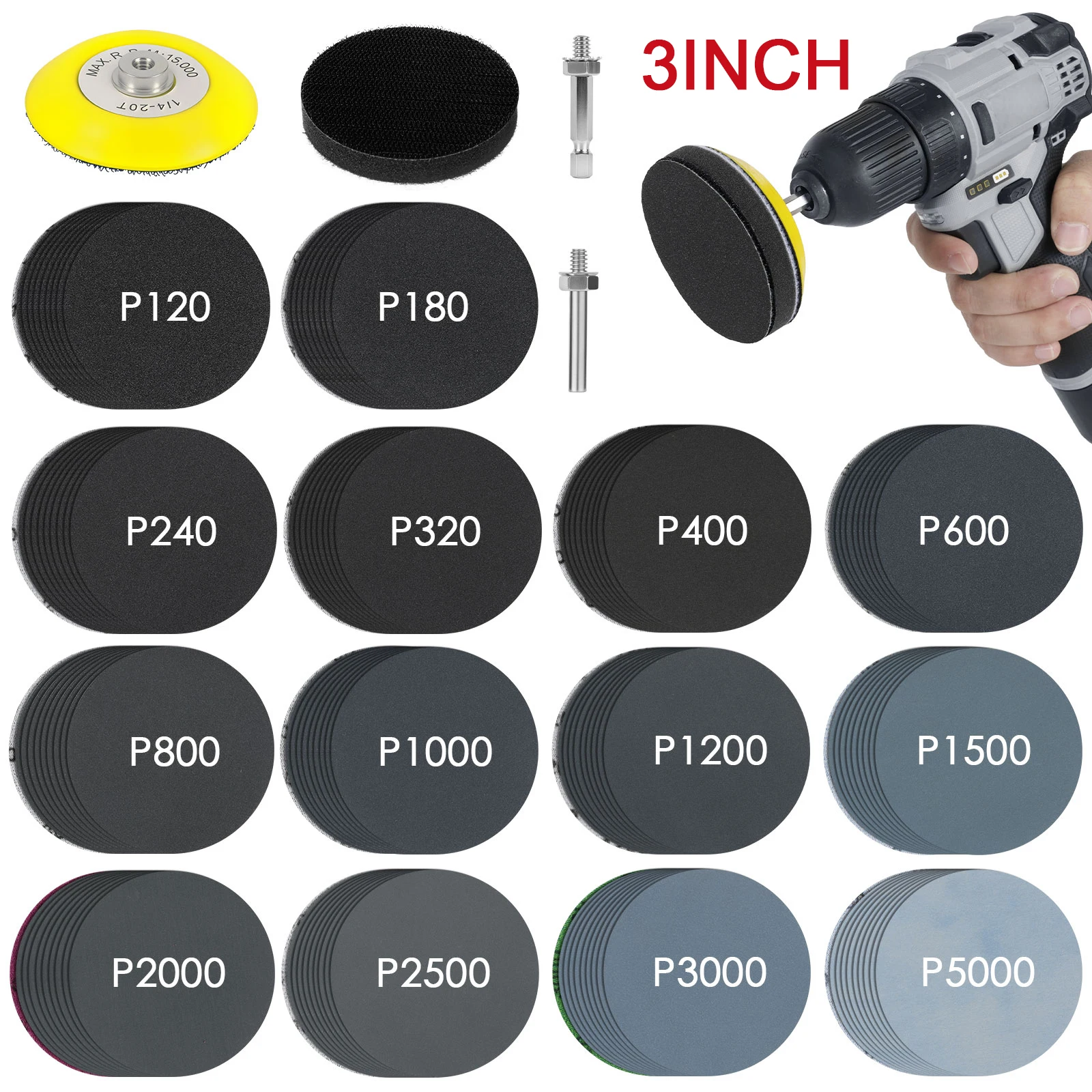 

331/129 шт. 3-дюймовые шлифовальные диски для влажной и сухой шлифовки, зернистость 60-10000, наждачные круги и поролоновая буферная подушка для полировки дерева, металла, автомобилей