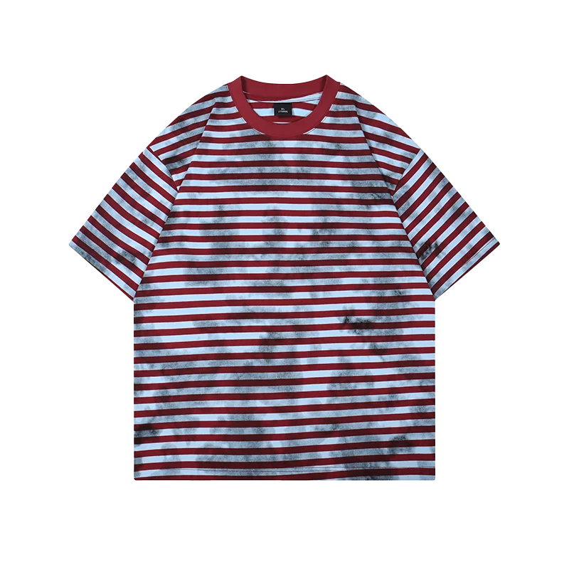 

Distressed Striped T-shirts Summer Classic Color Short Sleeve Tee Color Crash Stripe Tie-Dye T-Shirt for Men and Women Clothes