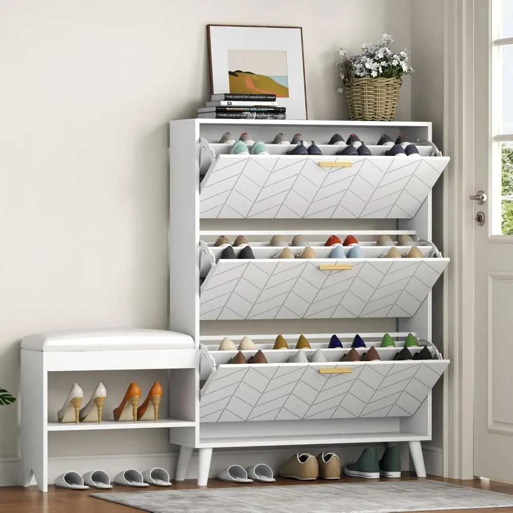 

Freestanding Narrow Shoe Cabinet with 3 Flip Drawers Entryway Storage Bench Organizer for Home Hidden Shoe Solution