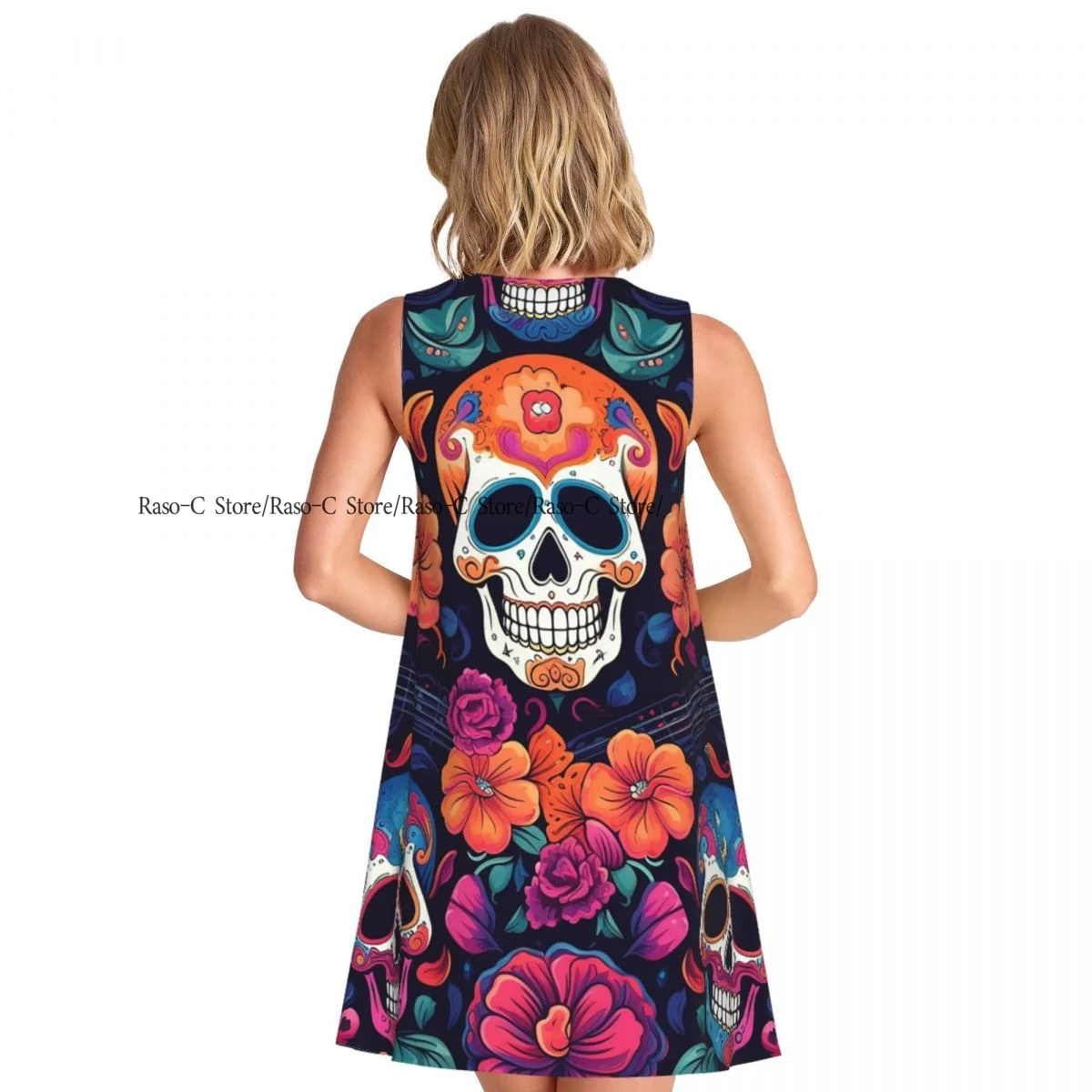 レディースドレス死者の日スカルサマーカジュアルTシャツビーチカバーアップタンクドレス