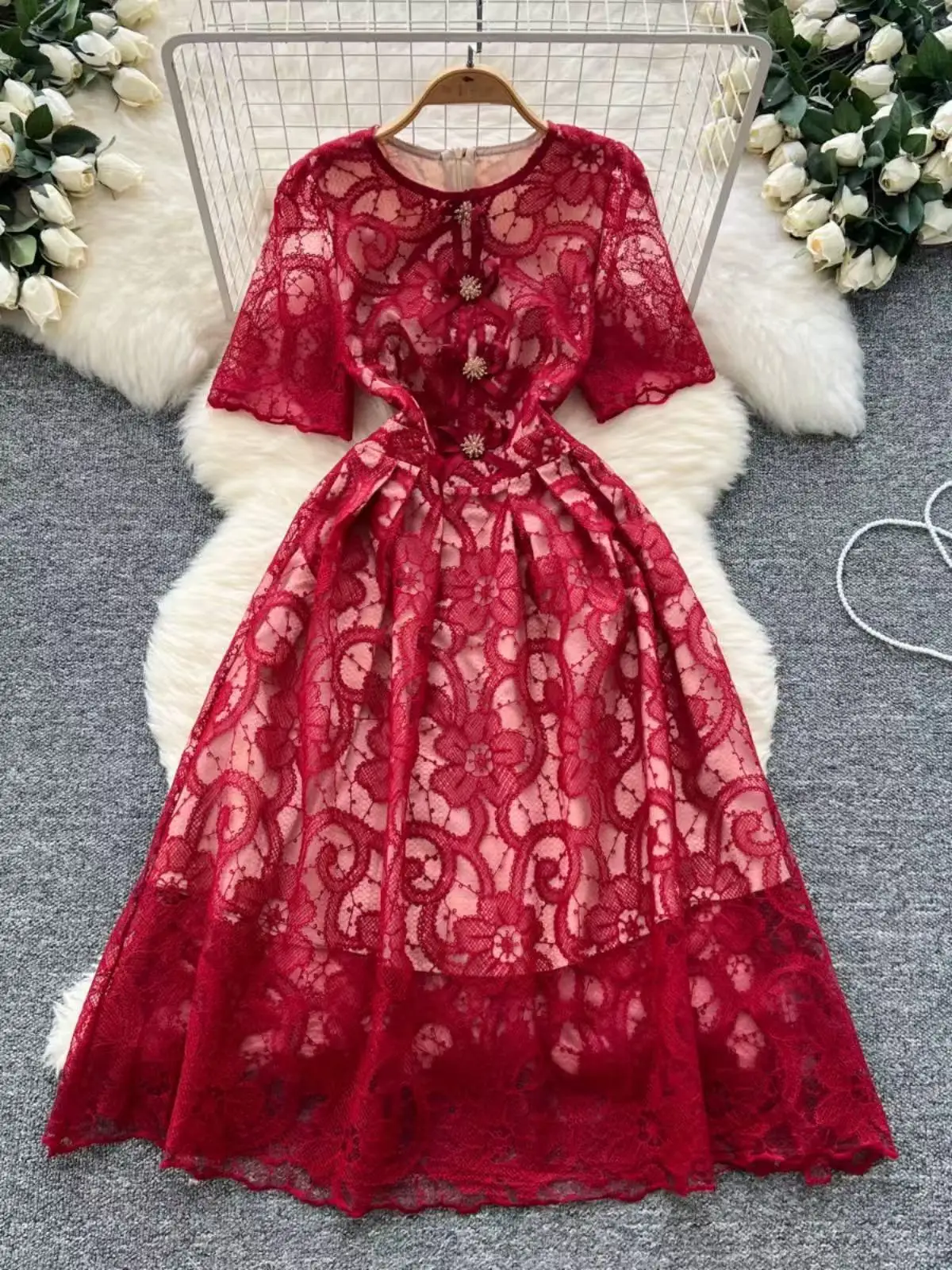 Высококачественное элегантное женское платье, новое летнее платье с круглым вырезом и коротким рукавом, длинное кружевное платье с цветочным принтом, легкое роскошное вечернее платье