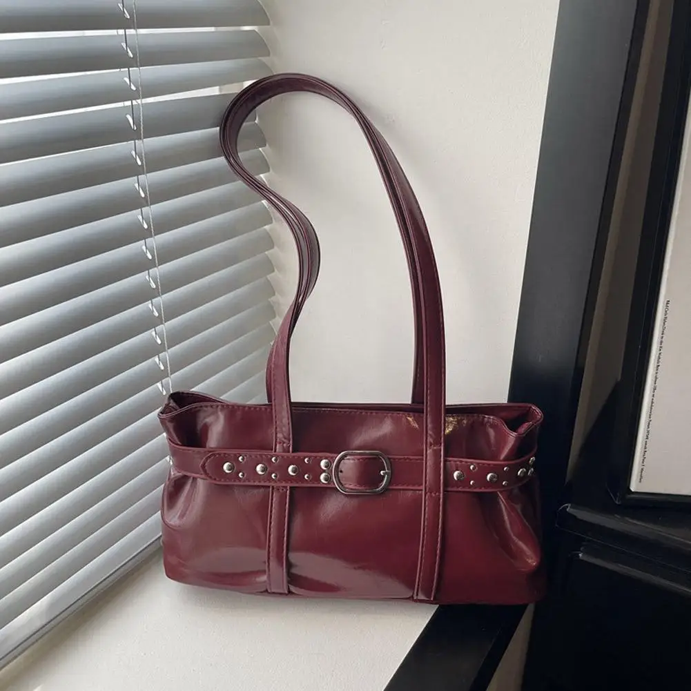 Vintage Motorrad-Gürtelschnallen-Schultertasche für Damen, europäische Retro-PU-Leder-Unterarmtasche, modische Handtasche für Büro und Pendeln – Detail 17