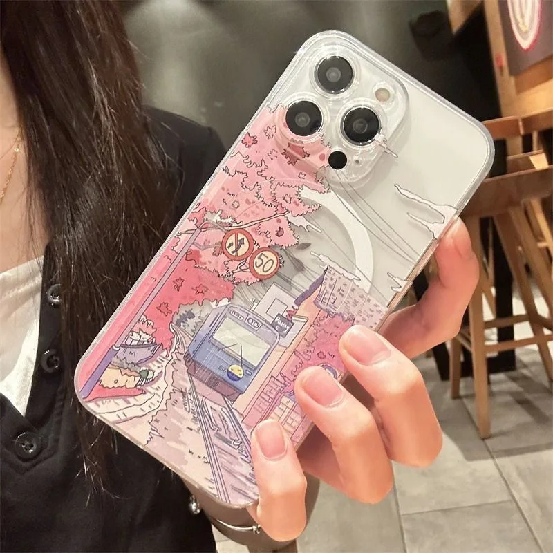 Hot Anime Blue Sea Pink Trees Train Scenery Magsafe Magnetic Phone For Samsung Galaxy S24 S23 S22 S21 S20 FE Plus Ultra 5G Cover