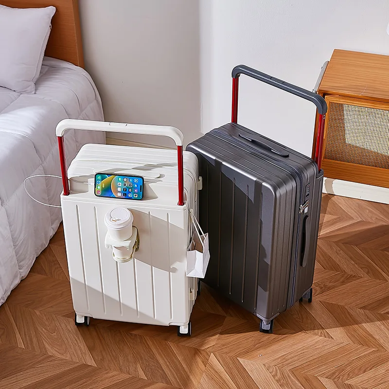 20 "24" 26 Polegada alça larga mala de viagem pc zíper rolando bagagem trole caso com rodas bagagem de mão com suporte de copo