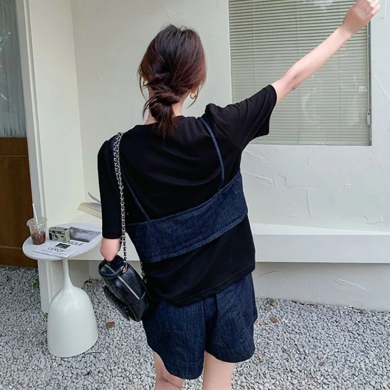 Pantalones de traje de mezclilla negros para mujer, conjuntos de dos pantalones cortos de manga corta falsos de temperamento fino de verano, nivel de apariencia alta de alta calidad