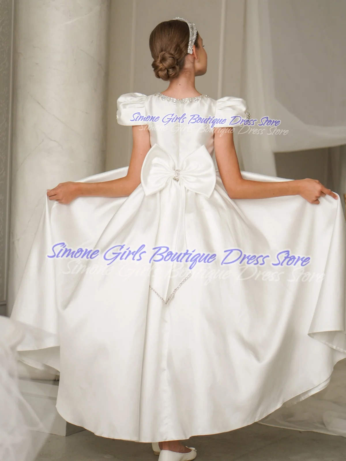 퍼프 슬리브 O 넥 반팔 진주 장식 새틴 플라워 걸 드레스 댄스 공연 첫 성찬식 생일