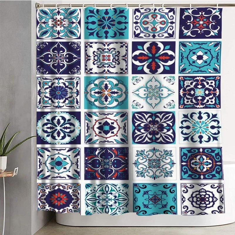 Seamless Tile Pattern Colorful Lisbon Mediterranean Floral Decorative Square Flower Blue Shower Curtain By Ho Me Lili With Hook