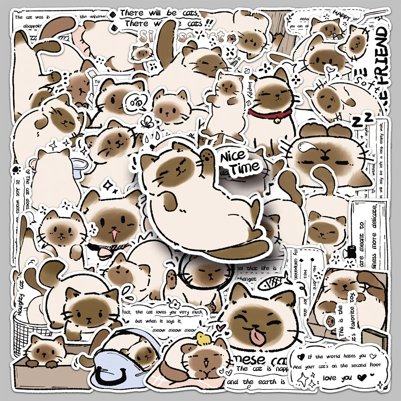 50 Stück Kawaii Siamesische Katze Anime Aufkleber Cartoon Aufkleber Gitarre Laptop Skateboard Gepäck Telefon Wasserdicht Kind Geschenk Aufkleber