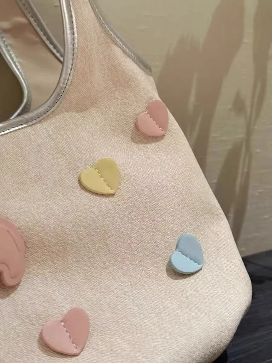 Cute Colorful Heart Puppy Decor Canvas Bucket Tote Bag Women Large Capacity Casual Top Handle Shoulder Bag