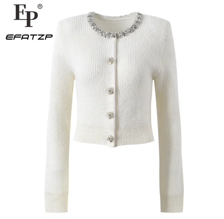 Grey Knitted Sweater Woman 2024 Autumn New Fashion Diamond Cardigan Jacket 5240247