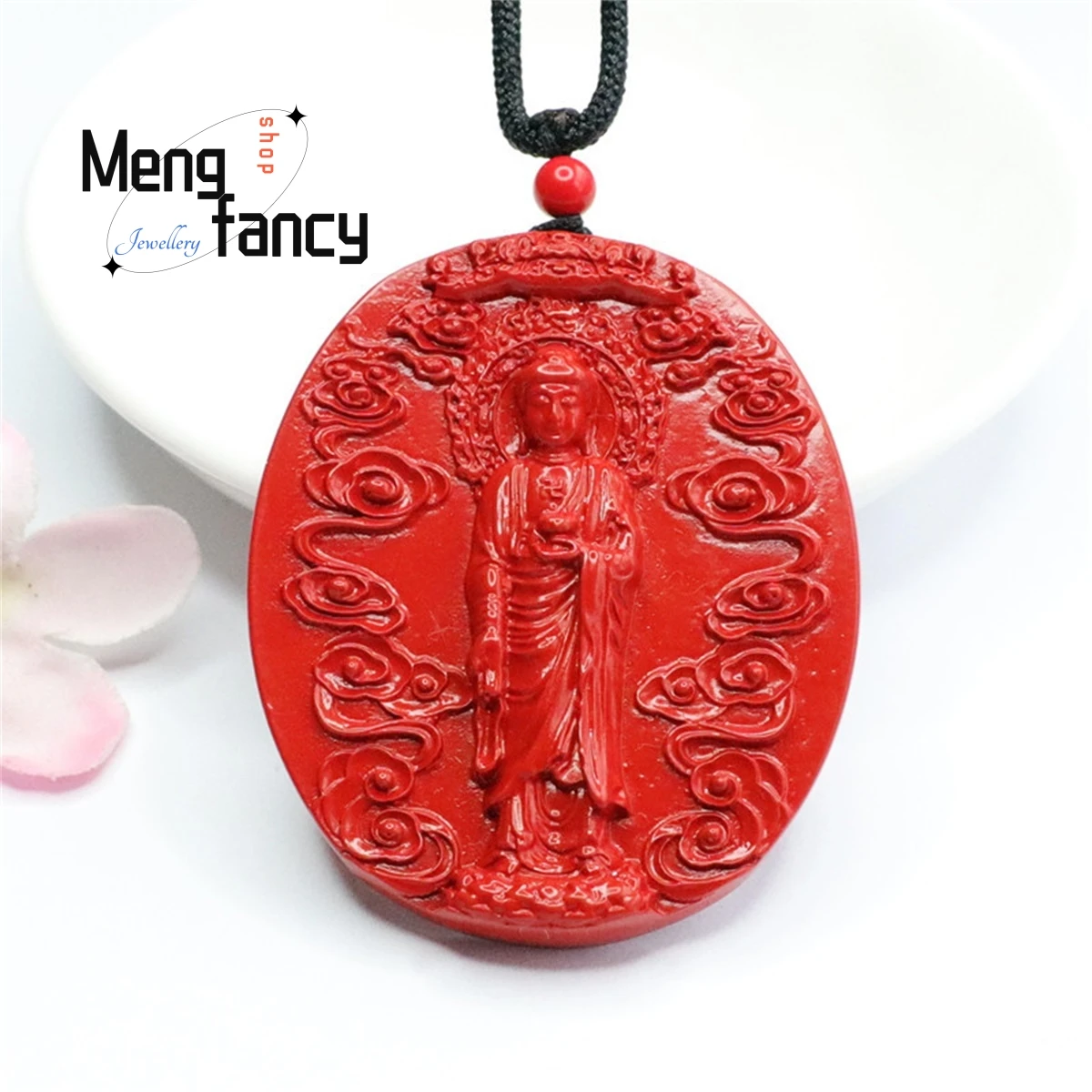 Natural Cinnabar Amitabha Buddha Fengshui Pendant Simple Personality Retro Ethnic Style Men Women Fashion Jewelry Mascot Amulet