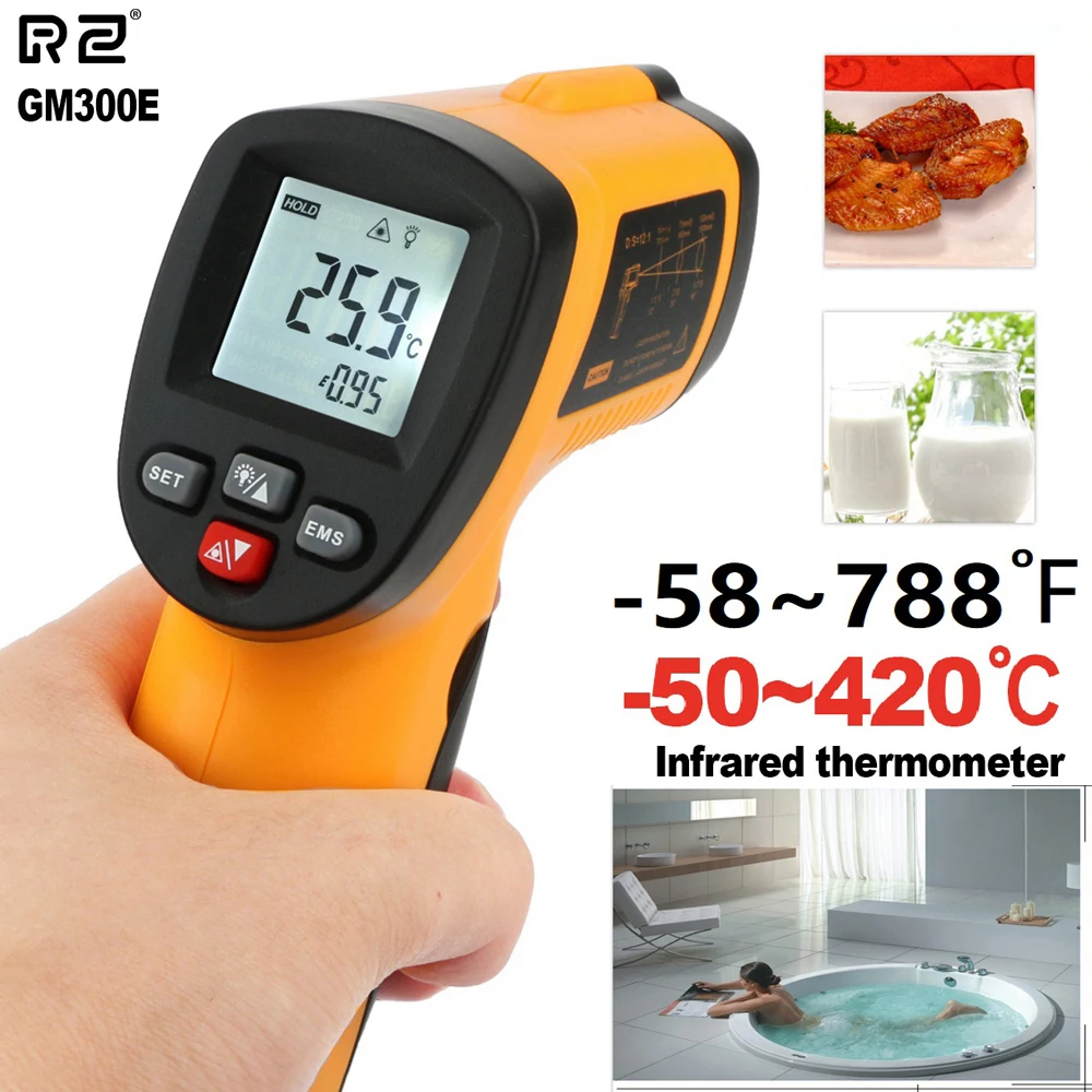 RZ الأشعة تحت الحمراء ميزان الحرارة عدم الاتصال عالية الدقة LCD يده مقياس الحرارة GM300E -50-420 ℃/ -58 -788 ℃ لا أداة الاتصال