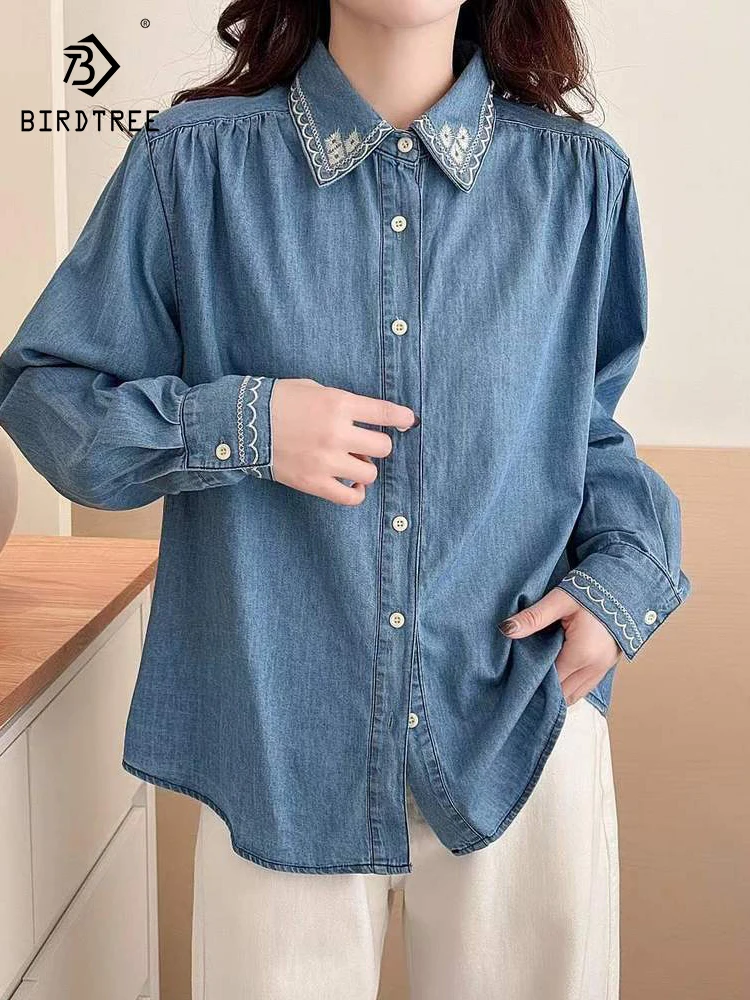 

Новинка 2025, осенняя джинсовая рубашка с длинными рукавами, женская вышивка с отложным воротником, свободная блузка Mori Girl French OL для поездок на работу T5O756CC