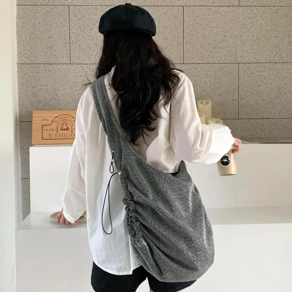 Polyester Drawstring Shoulder Bag Elastic Rope Magnetic Buckle Pleated Straps Handbag Large Capacity Solid Color