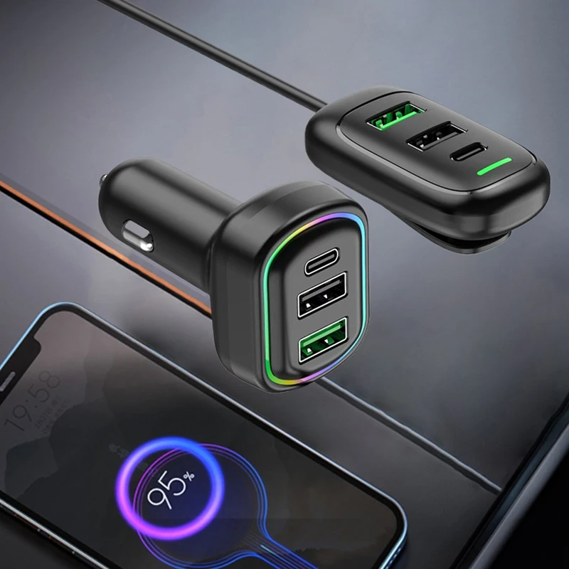 6-Ports USB Type-C Front And Rear Extension Car Charger With RGB Light PD Fast Charging Power Adapter For Iphone Tablet Laptop