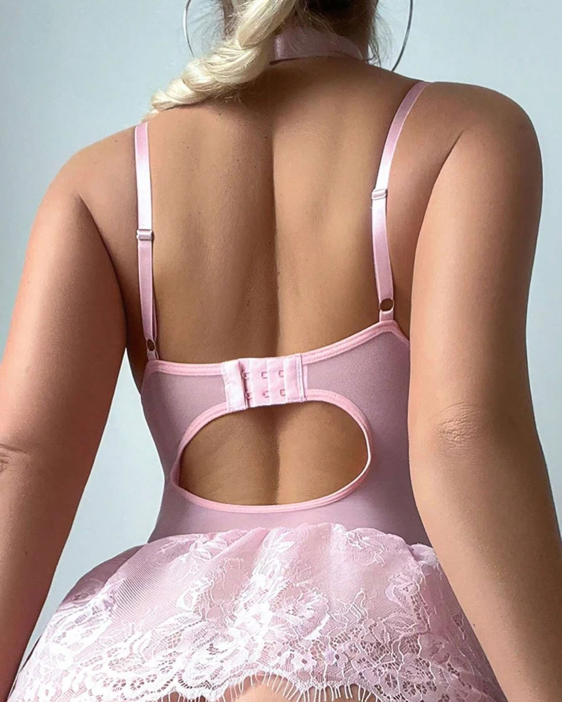 

Bodysuit Women 2025 Spring New Contrast Lace Spaghetti Strap Lace-Up Bodysuit Teddy Sexy Slim Fit Lingerie Set with Stockings