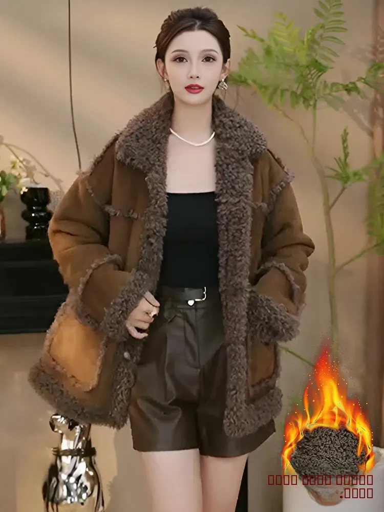 

Утепленная женская куртка из овечьего меха средней длины, модная, универсальная, теплая, для повседневной носки, с длинными рукавами, на пуговицах