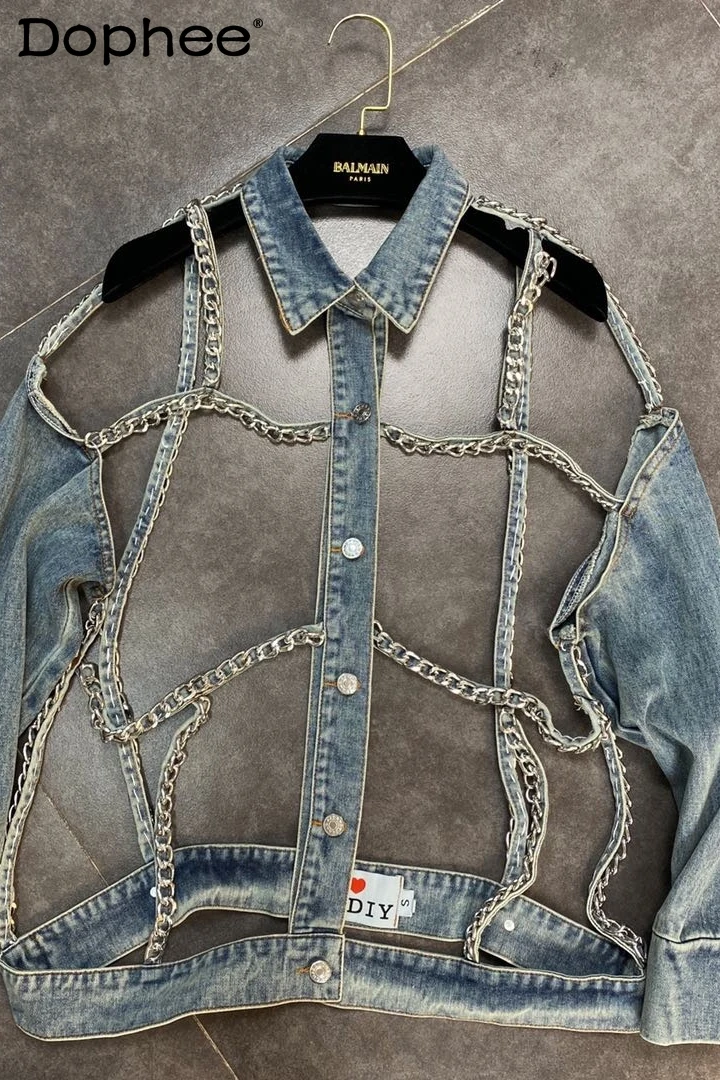 

Fall 2023 Lapel Long Sleeve Chain Hollow Cross National Fashion Cool Handsome Denim Jacket Women's Jean Jacket High Street Y2k