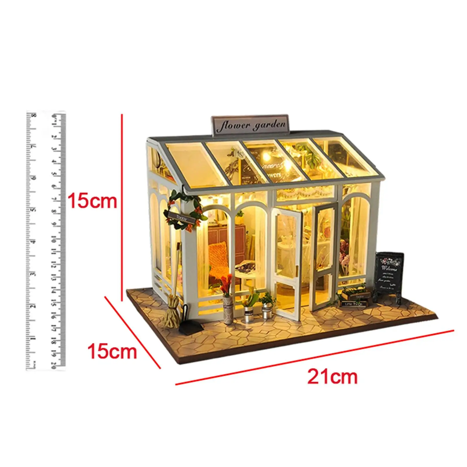 Wooden Dollhouse DIY 3D Puzzle Building Kit with LED Light Furniture Accessories for Handcraft Flower Garden House Model