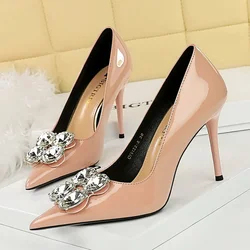 BIGTREE Metal Decoration CRYSTAL Patent Leather Pumps Women's Thin Heels Sexy Pointed Toe Zapatillas De Mujer