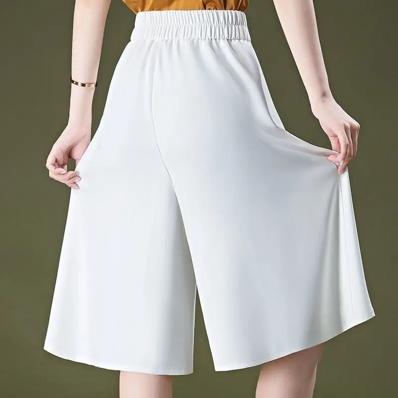 Office Lady High Waist Elastic Shorts Skirts Summer Solid Color Basic Female Clothing Stylish Button Loose Straight Knee Pants