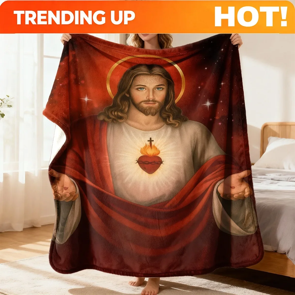 Custom Sacred Jesus Sacred Heart Religious Flannel Blanket - Ultrasound-Pressed Sacred Heart Of Jesus & Holy Cross Iconography,
