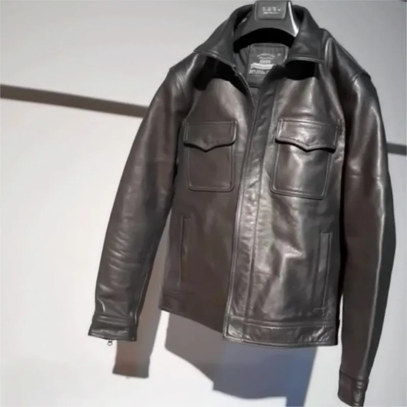

Men's casual motorcycle leather with a lapel and multiple pockets full-grain