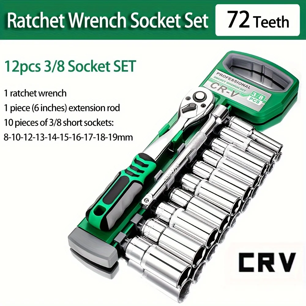 12PCS Ratchet Socket Wrench 3/8 Inch Drive,Metric Sockets Release Ratchet Handle and Extension bar,72/24 teeth Ratchet wrench