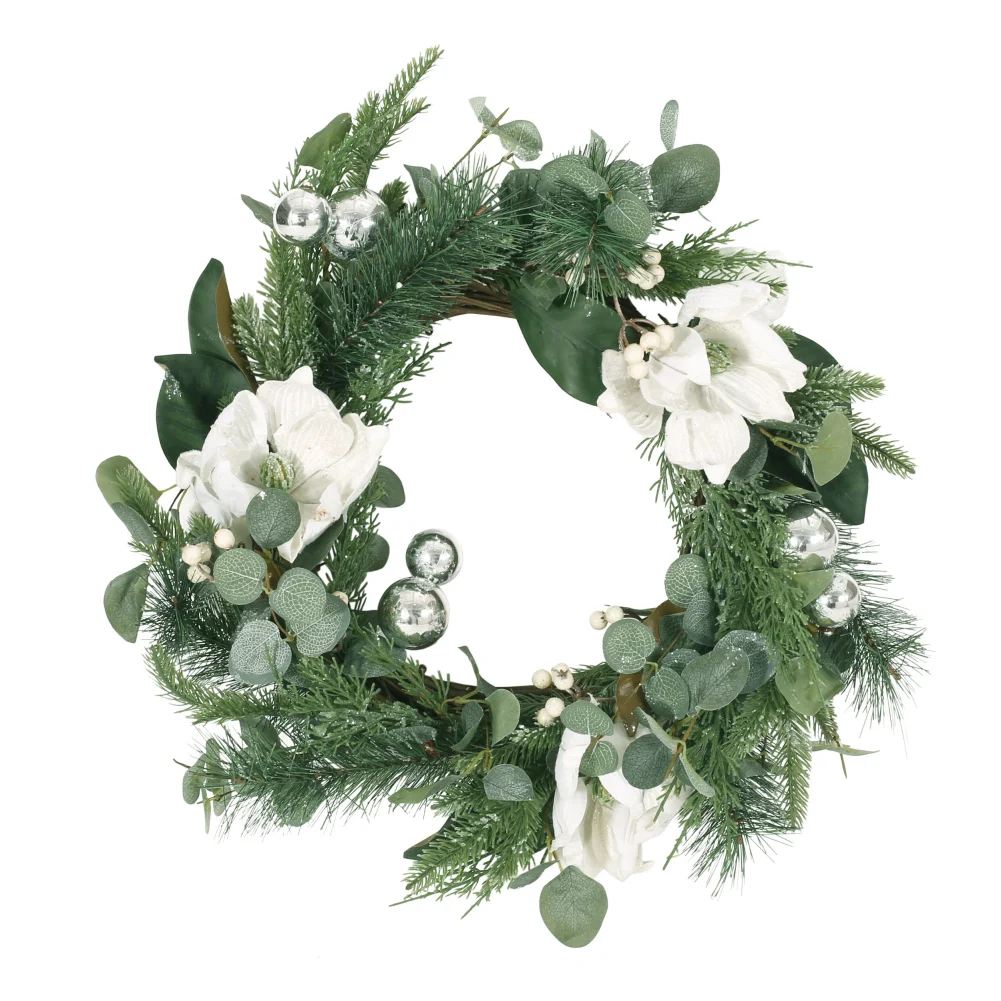 21.75'' Artificial Magnolia Wreath Everyday Greenery Wreath With Flowers Pine Needles And Decorative Balls For Wall Window Porch