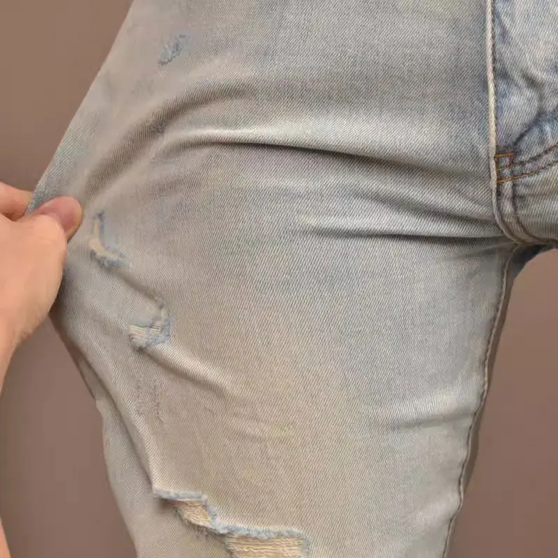 Streetwear Fashion Designer Men Jeans Retro Washed Light Blue Stretch Slim Fit Ripped Jeans Men Vintage Denim Pants Hombre
