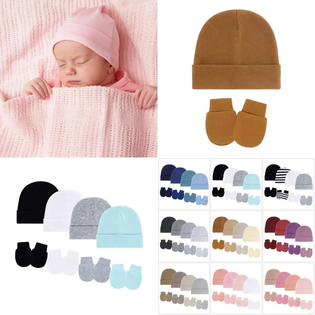 

A5yc 4 Set Новорожденные хлопчатобумажная шляпа и рукавицы мягкая дышащая ткань Elastic Essential Essential