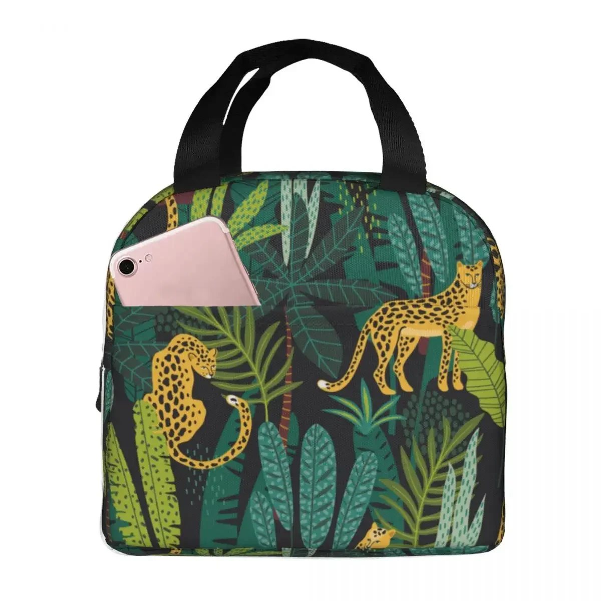 Lunch Bag for Women Kids Leopards Tropical Leaves Insulated Cooler Bags Portable School Canvas Lunch Box Food Bag