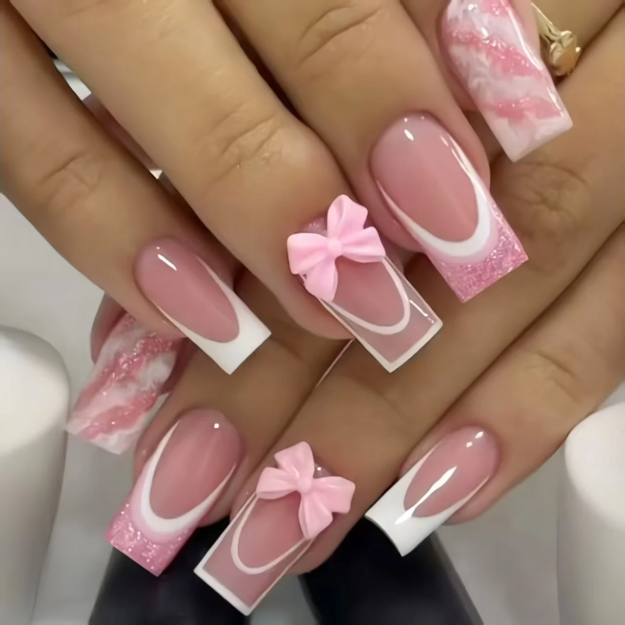 24pcs Pink French Medium Long Coffin Press On Nails Cute Bow Glossy Ballet False Nails Full Cover Acrylic Manicure Decoration T1