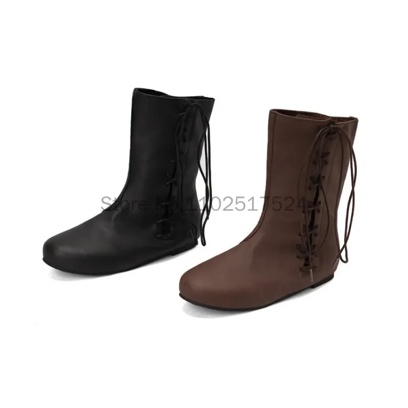 Medieval Viking Pirate Knight Hunter Prince Cosplay Costume Boots Men Women Lace-Up Leather Shoes Retro Stage Props for Carnival