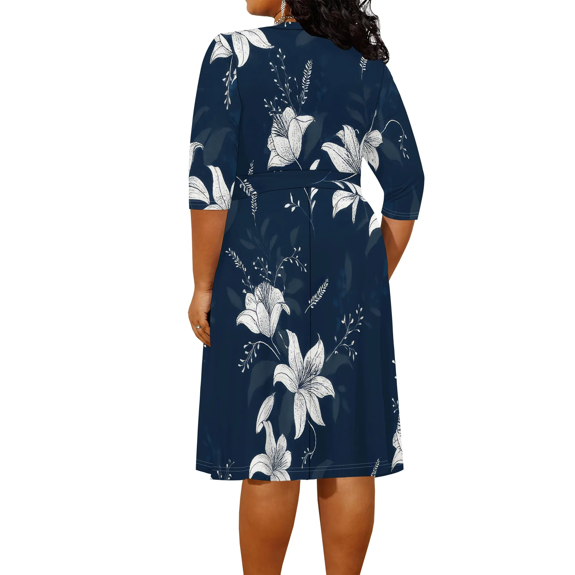 Women's Floral Print Maxi Dresses Summer with Pockets Casual 3/4 Sleeve V-Neck Wrap Tie Waist Long Dress