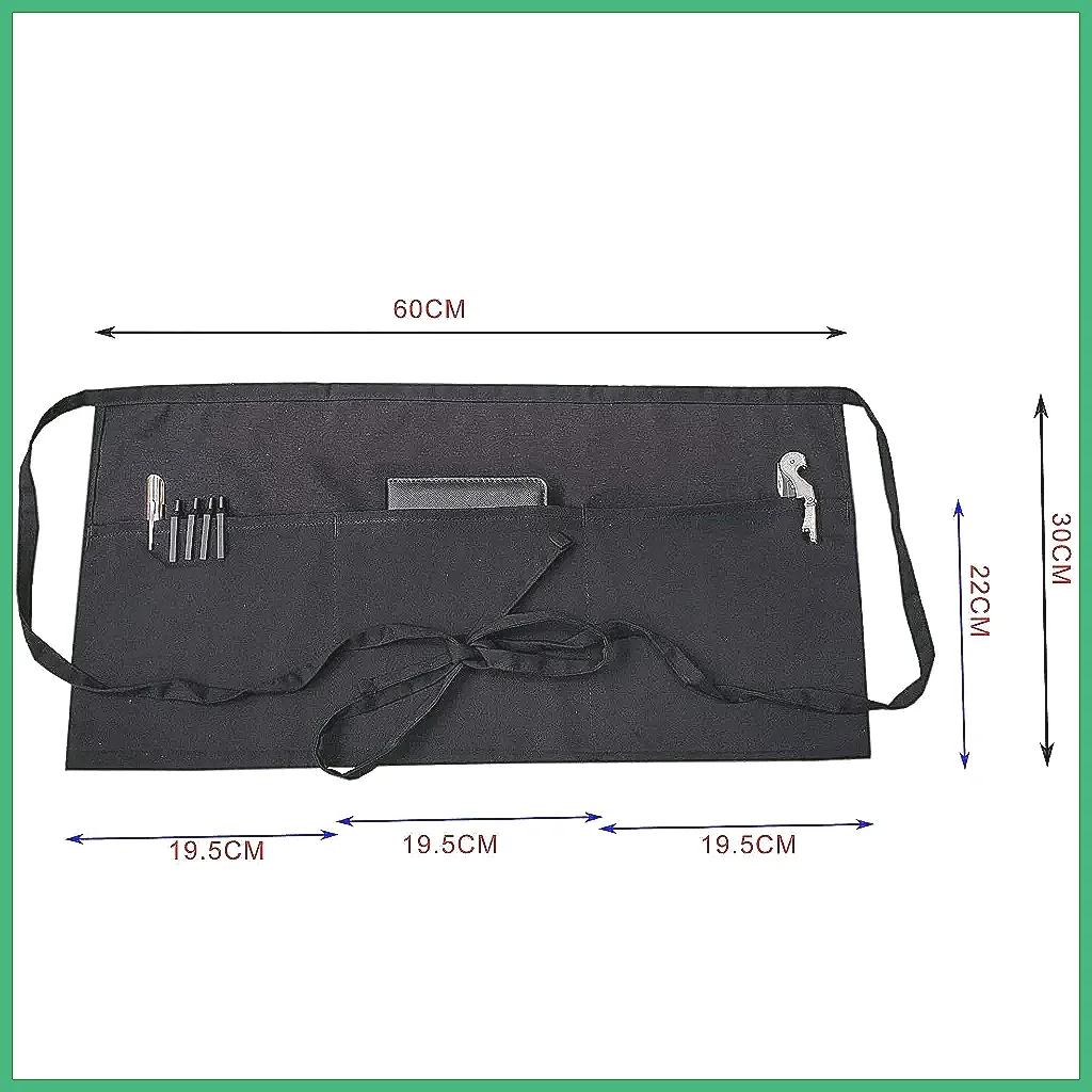 Fashion Chef Short Small Waist Apron, 3 Pockets Black Waterproof Half Apron for Waitress, Home Kitchen Practical Cooking Wear