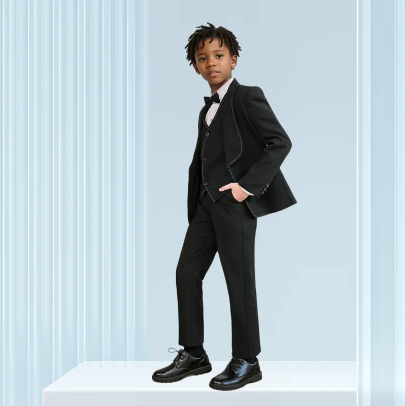 Kids Formal Black Jacket Vest Pants Bowtie 4PCS Outfit Suit for Host Piano Speech Chorus Performance Flower Boys Wedding Dress