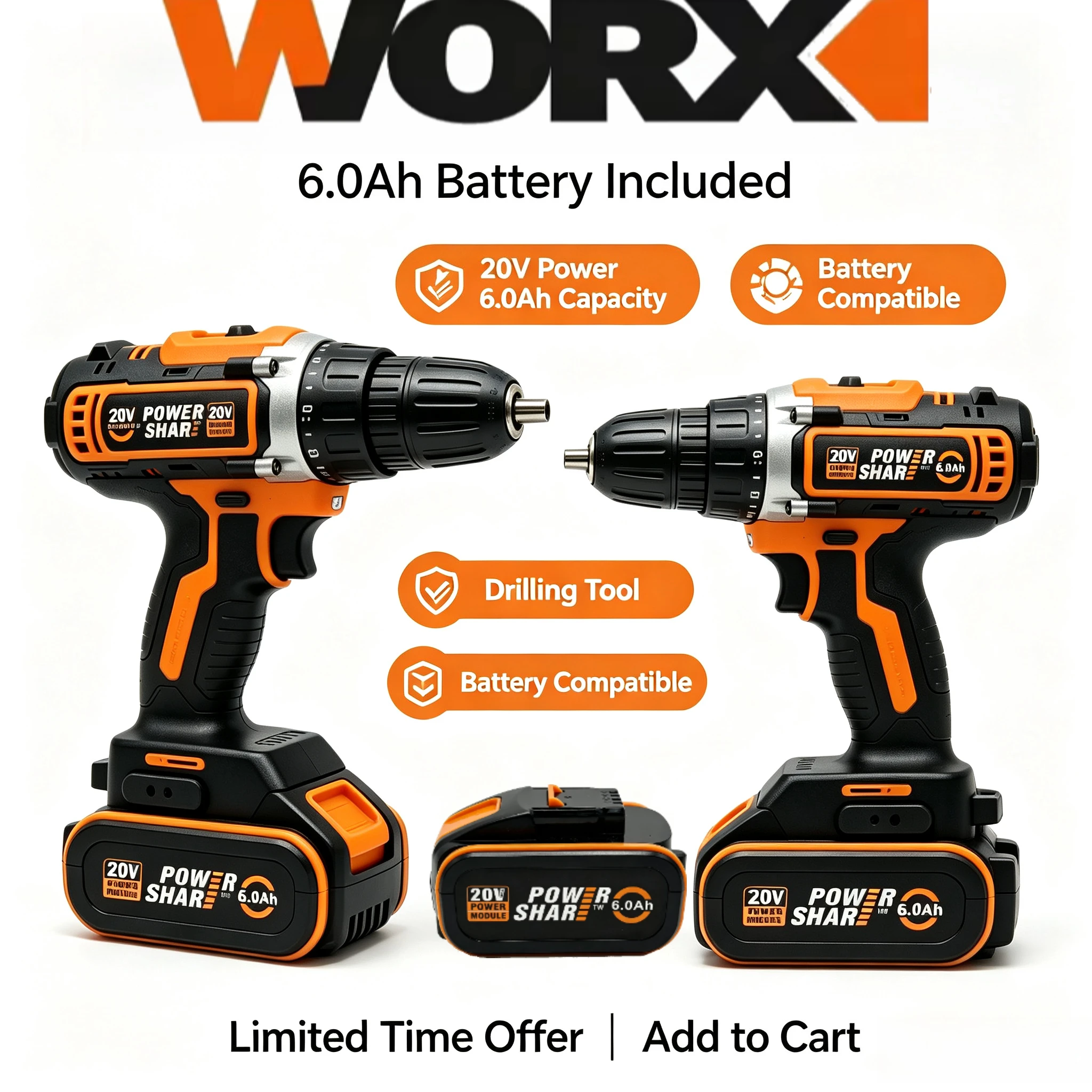 Worx Batteries 20V Max 6.0Ah PowerShare Lithium-ion Battery WA3645 WA3564 Replacement for Worx Cordless Garden & Workshop Tools